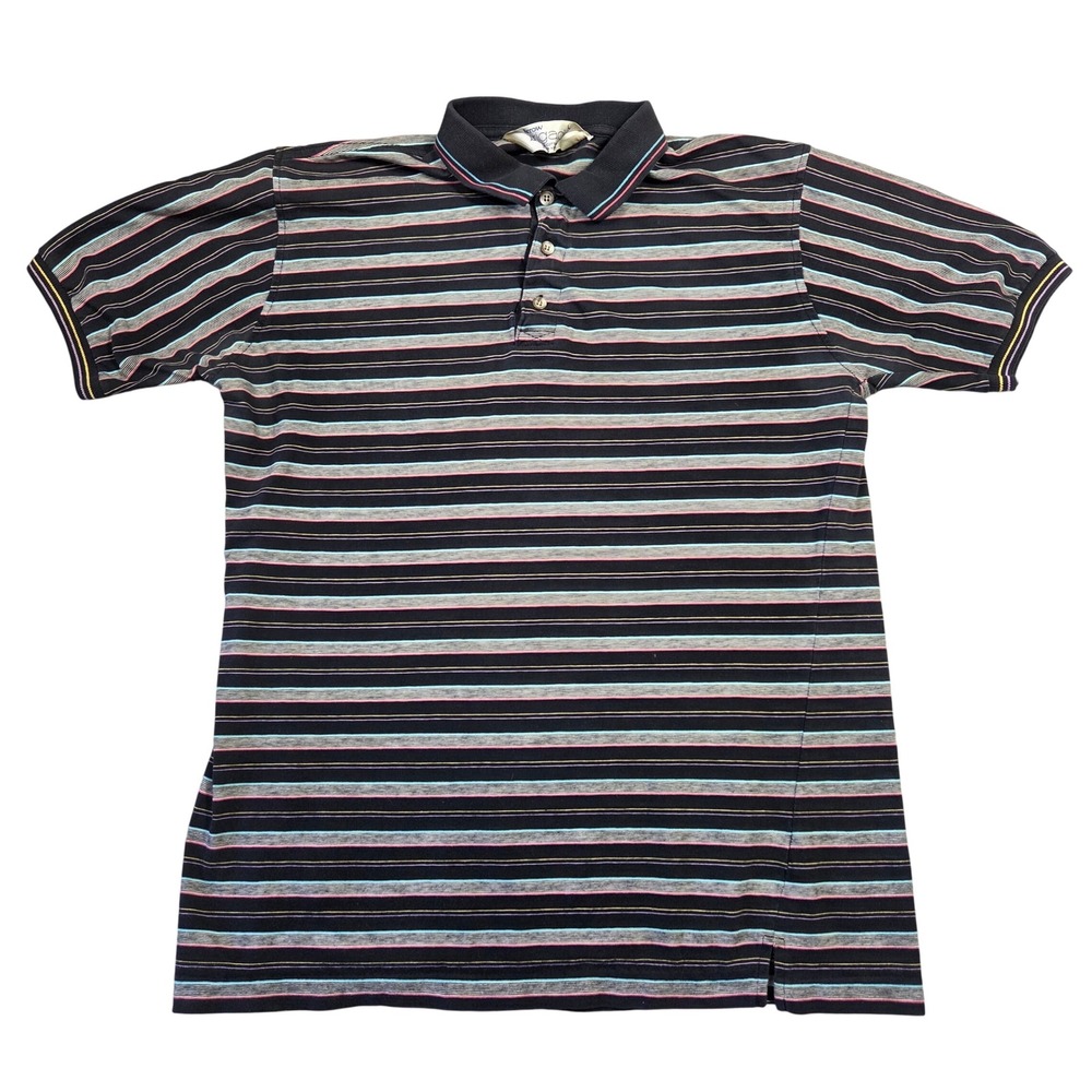Vintage Arrow Brigade‎ Mens L Black Multi Color Striped Polo Shirt Grunge Punk
